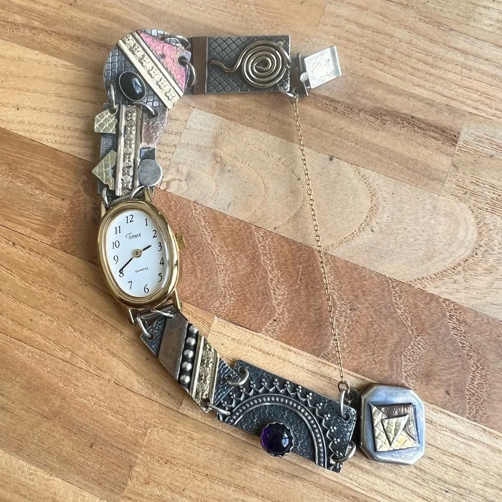 Artisan Sterling silver mixed material bracelet Timex oval watch NEW BATTERY